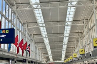 The interior of a large, modern airport terminal check-in hall with a high, white steel truss ceiling and skylights. Rows of check-in counters with yellow zone signs (5E, 5F) line the right side, where travellers are queued. On the left, large windows illuminate international flags, including Swiss and Turkish flags, hanging from an upper level.