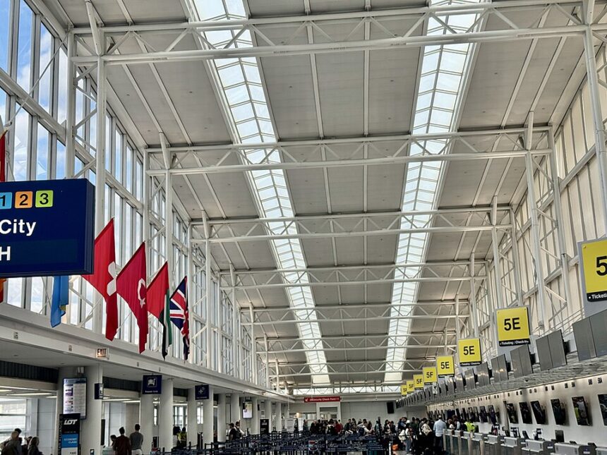 The interior of a large, modern airport terminal check-in hall with a high, white steel truss ceiling and skylights. Rows of check-in counters with yellow zone signs (5E, 5F) line the right side, where travellers are queued. On the left, large windows illuminate international flags, including Swiss and Turkish flags, hanging from an upper level.