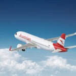 Austrian Airlines airbus A320neo flying over the clouds