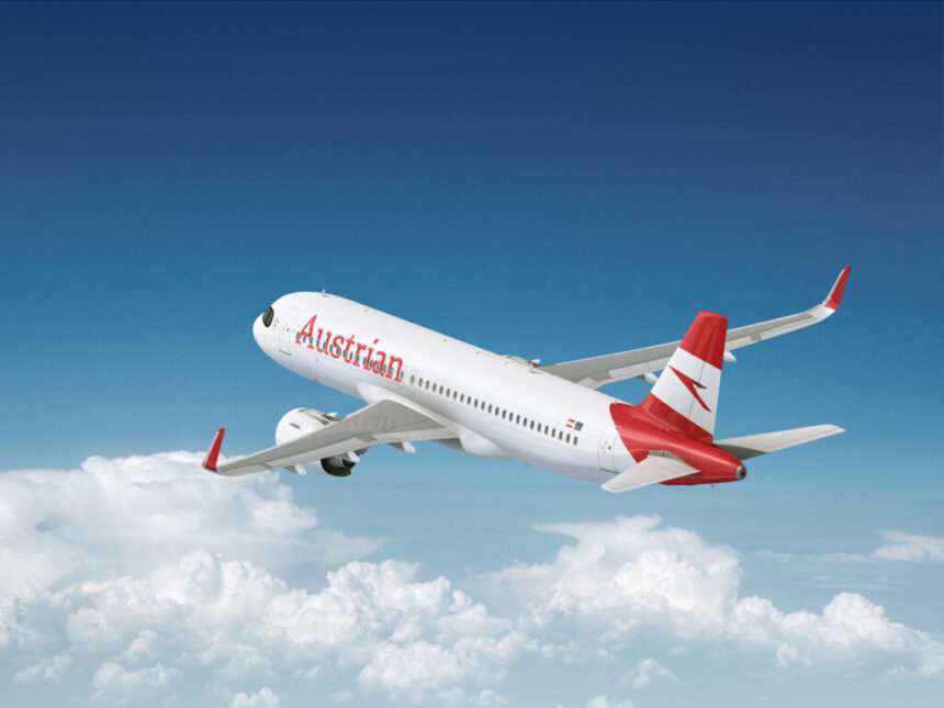 Austrian Airlines airbus A320neo flying over the clouds