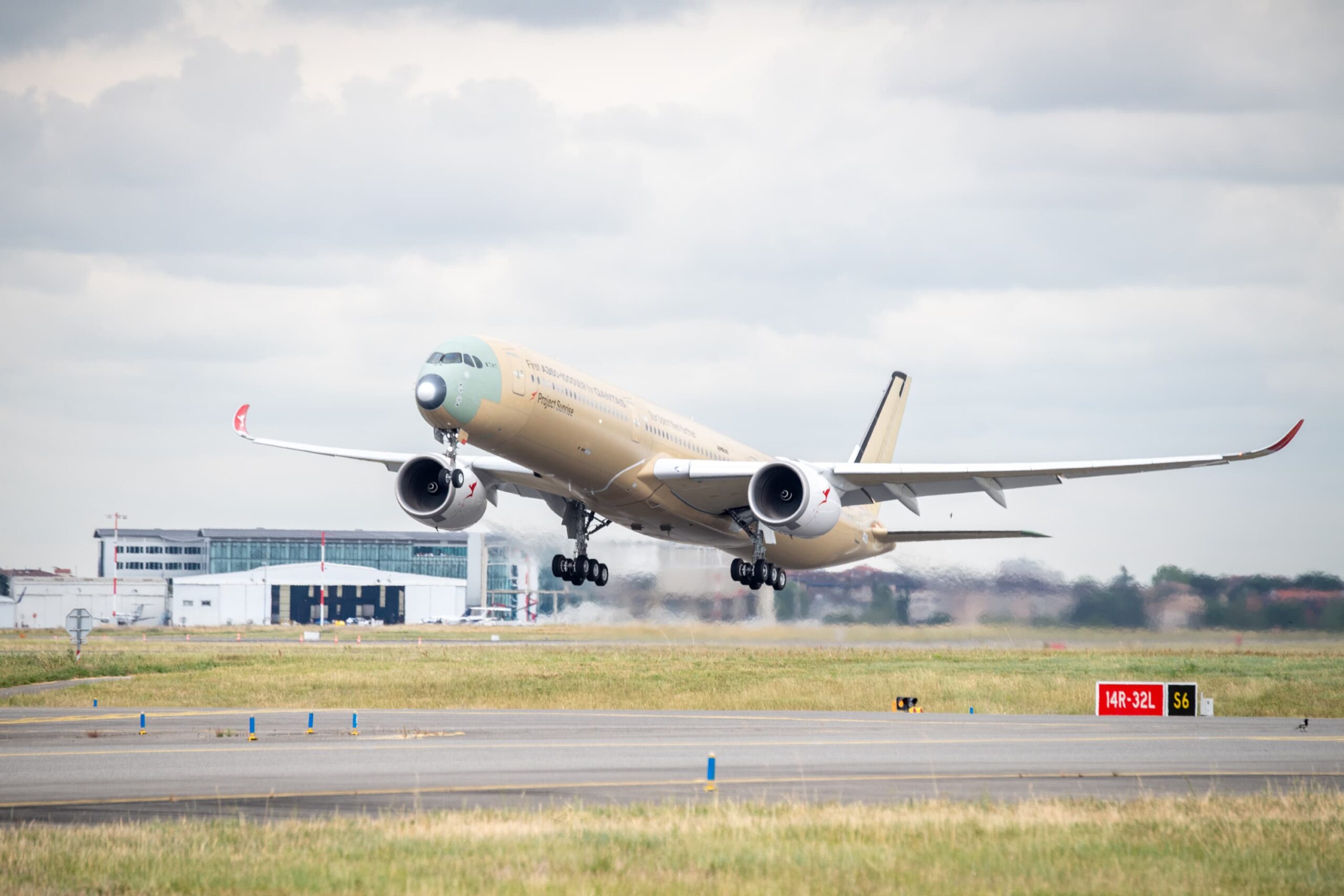 A350-1000ULR taking off from a runway in Toulouse, completing its maiden flight.