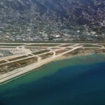 An aerial view of the runway meeting the sea at Beirut–Rafic Hariri International Airport