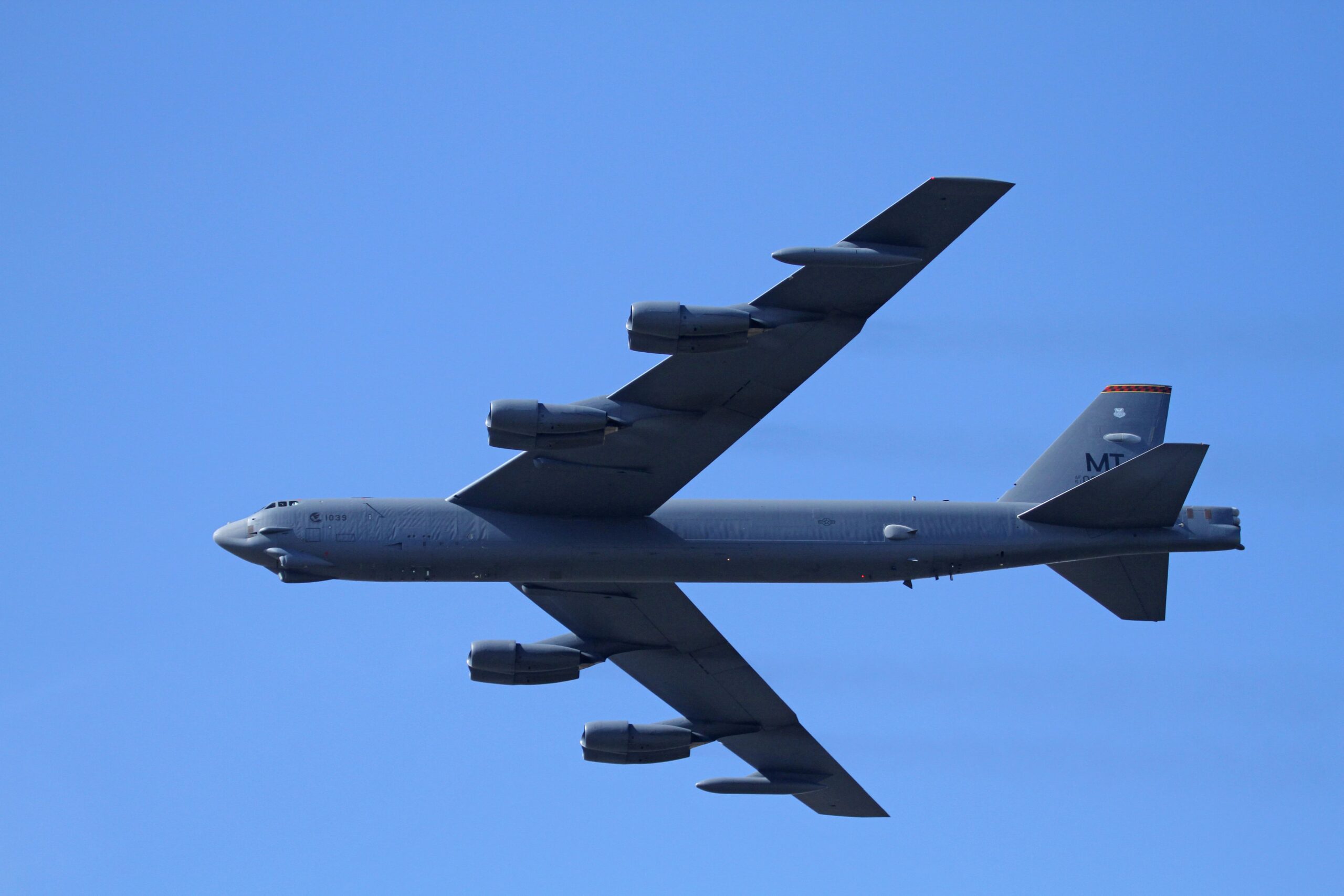 A US B-52 Stratofortress bomber seen in the skies