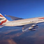 Right-hand side of a British Airways Airbus A380 aircraft flying with no clouds around it.
