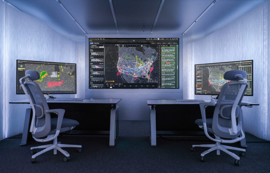 Interior view of a compact, modern control room with two workstations positioned on either side of the frame, each equipped with a desk, keyboard, mouse and large computer monitor. The monitors display complex data visualisations, including weather radar patterns on the left screen and dense network maps of flight paths and activity across North America on the central wall display and the right screen. Two ergonomic office chairs with mesh backs are positioned in front of the desks. The walls and ceiling are lined with smooth, light grey panels, and recessed lighting creates an evenly illuminated, high‑tech environment focused on monitoring and analysis.