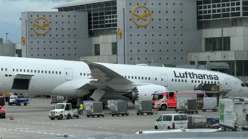 A Lufthansa Boeing 787-9 Dreamliner resting on its nose at Frankfurt Airport after a landing gear collapse with the aircraft positioned in front of a terminal building