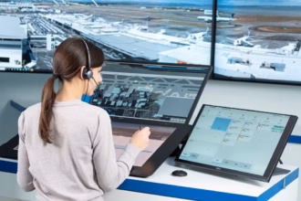Control room, woman in foreground