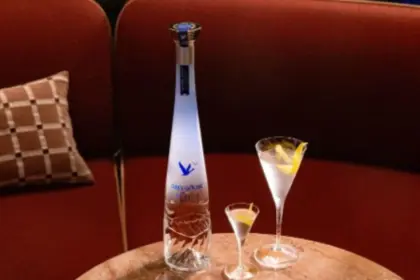 Bottle of grey goose vodka on a table alongside the small and large versions of the dry martini.