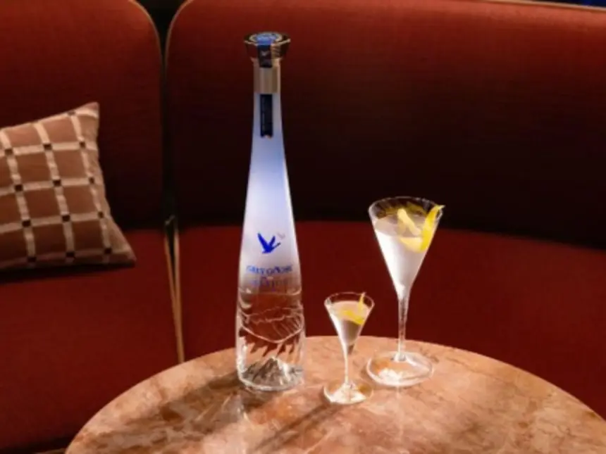 Bottle of grey goose vodka on a table alongside the small and large versions of the dry martini.