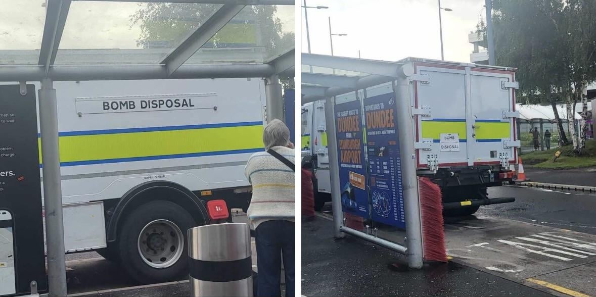 Two side by side images of a bomb disposal van parked up outside of the airport.