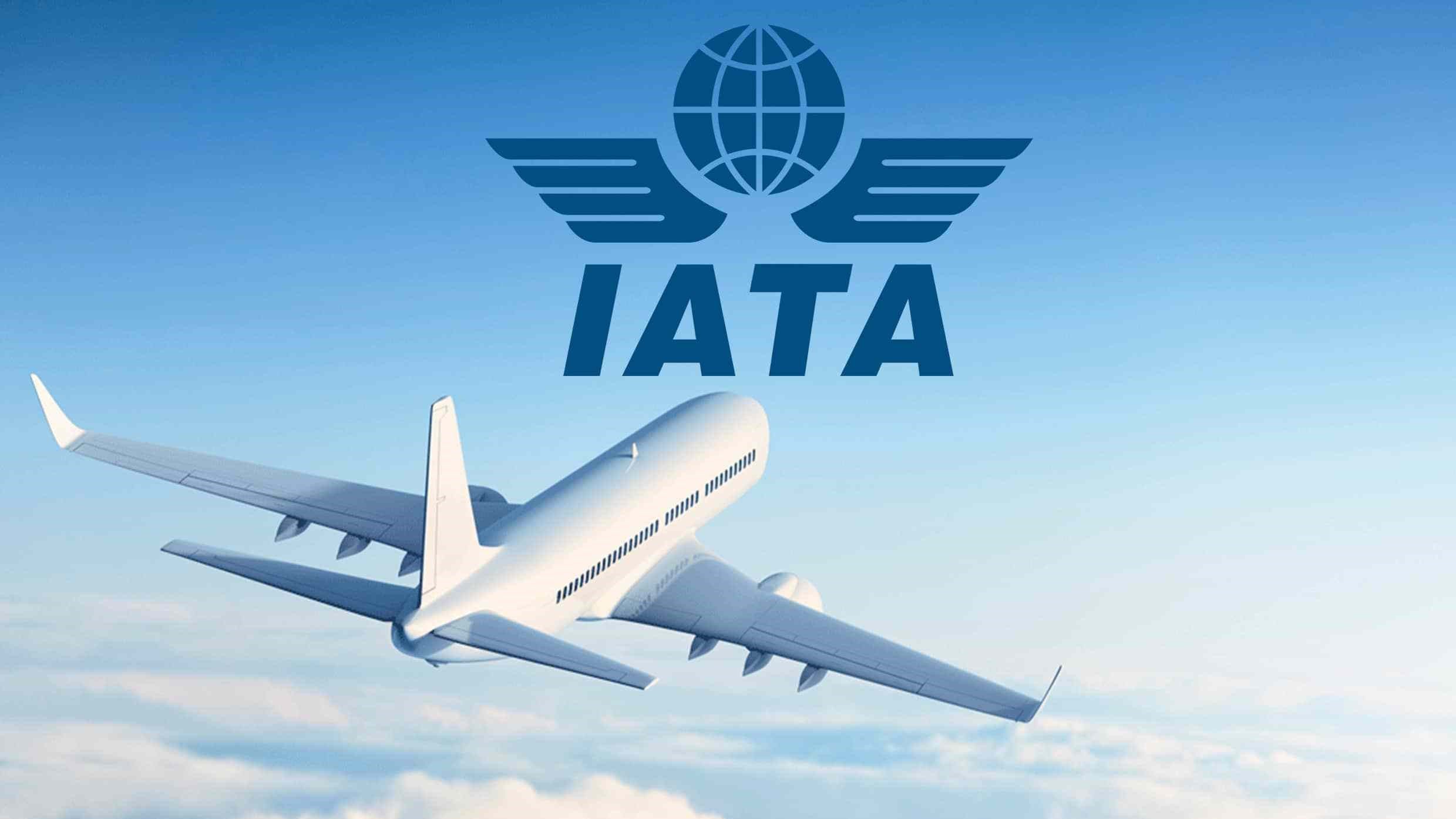 A jet flies over clouds underneath the IATA logo.