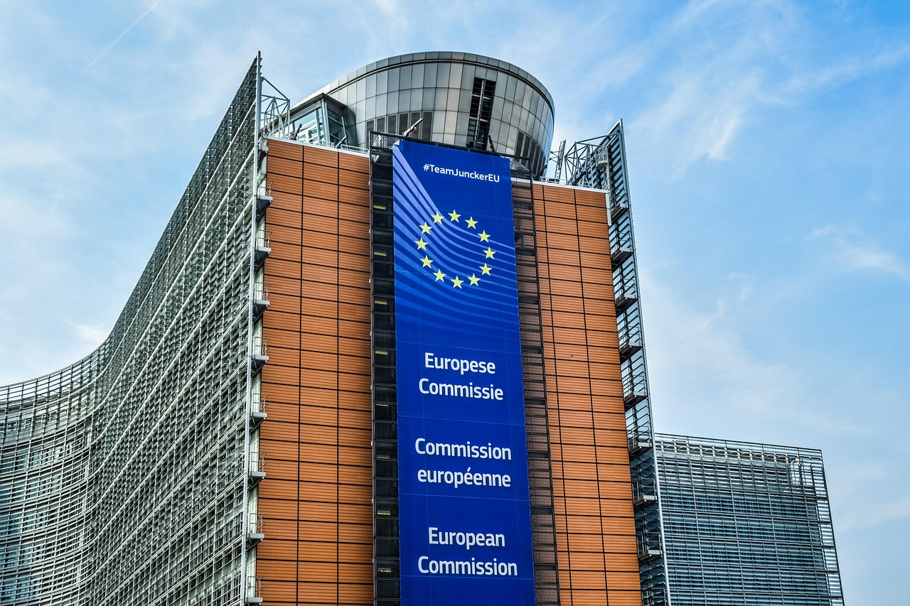 The EU Commission’s Berlaymont building in Brussels, with a European Commission banner hanging from the top.