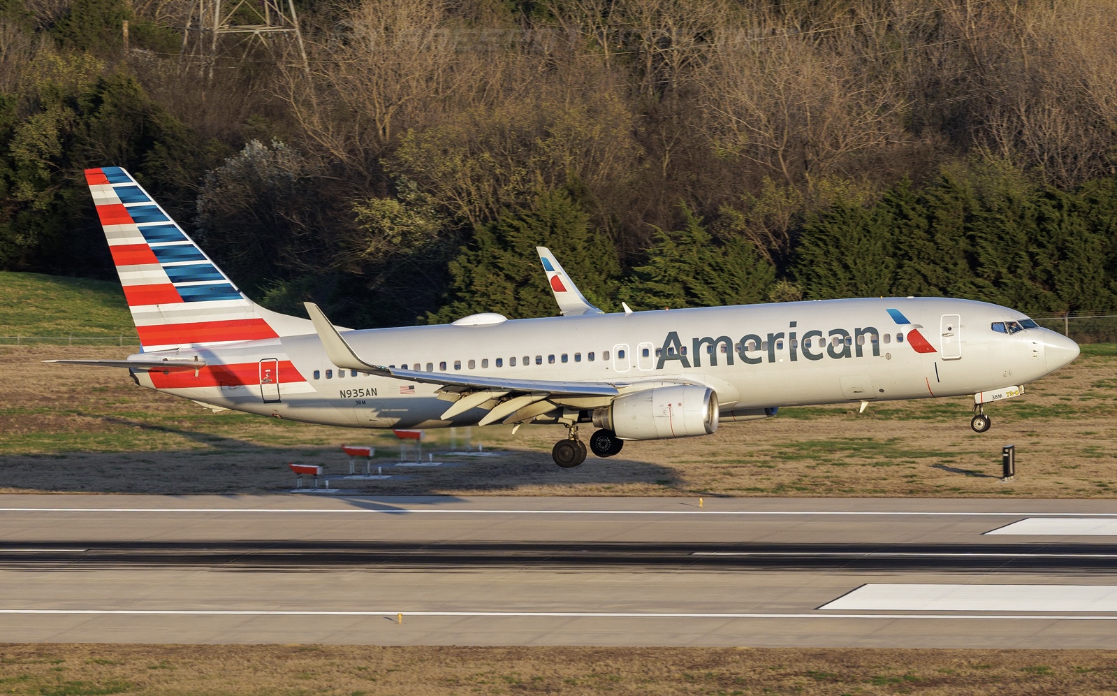 An American Airlines Boeing 737 jet takes off from a runway in front of a verge of grass and a line of trees.