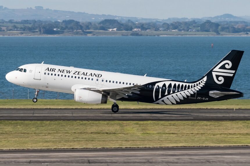 An Airbus A320-232 jet takes off from a runway in front of a grass verge and a lake.