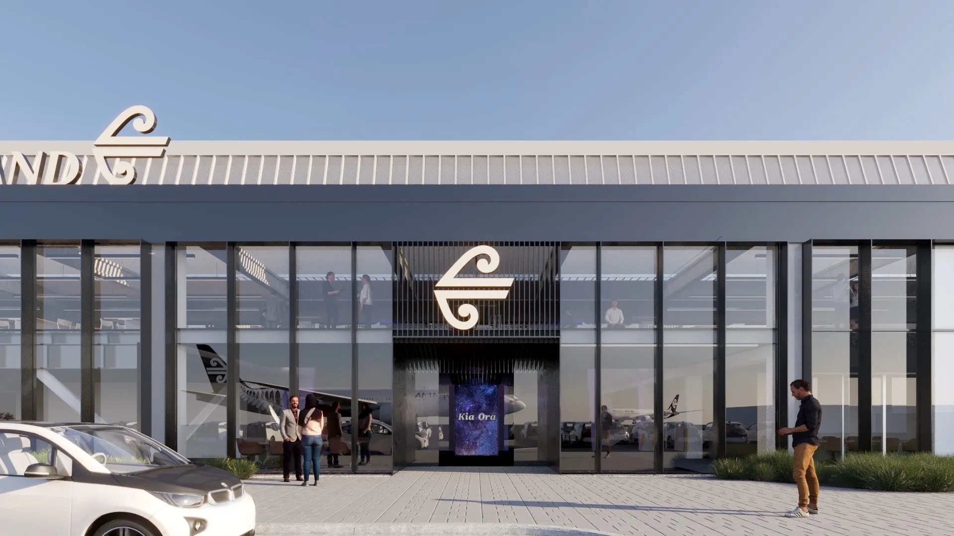 The Air New Zealand logo prominently displayed in front of the airline’s headquarters in Auckland, New Zealand.