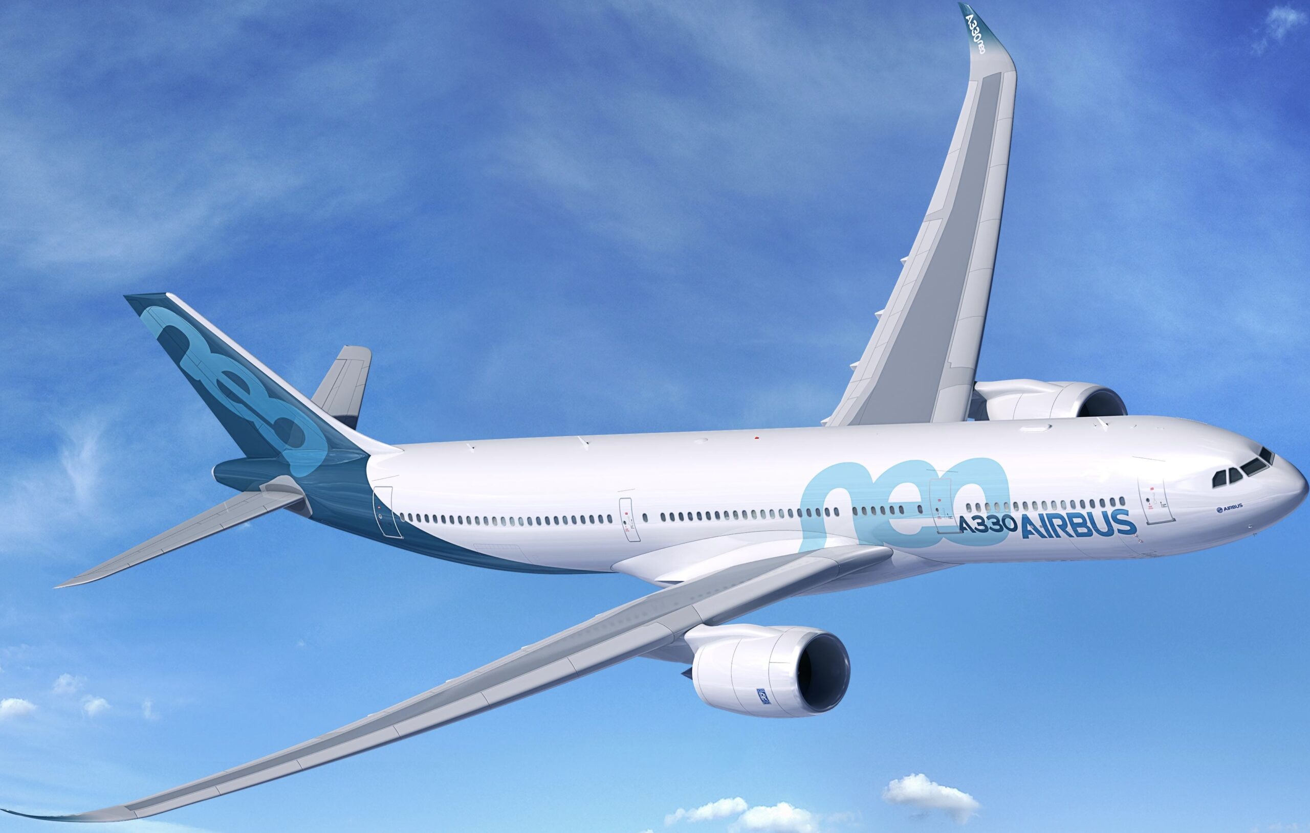 A white and blue Airbus A330neo jet turning to the right in front of a clear blue sky.