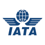 Image shows official IATA logo, blue wings and a globe with initials underneath.