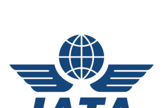 Image shows official IATA logo, blue wings and a globe with initials underneath.
