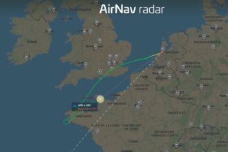 An AirNav Systems image of the aircraft's flight path, taking a U-turn.