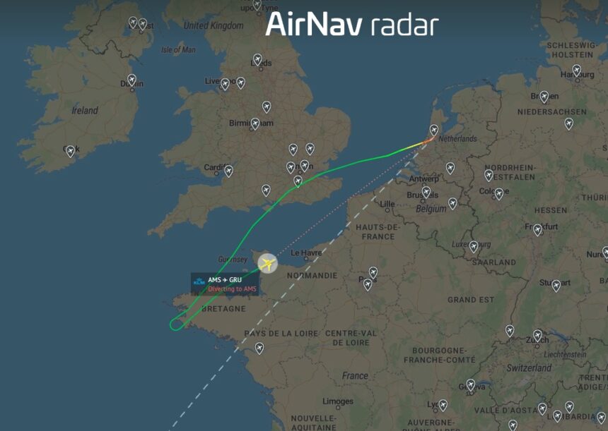 An AirNav Systems image of the aircraft's flight path, taking a U-turn.