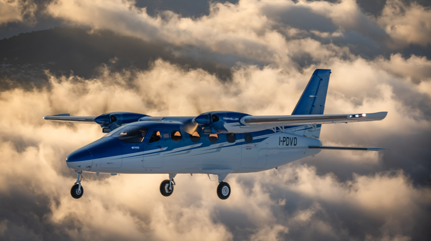 Tecnam P2012 traveller aircraft flying through the clouds