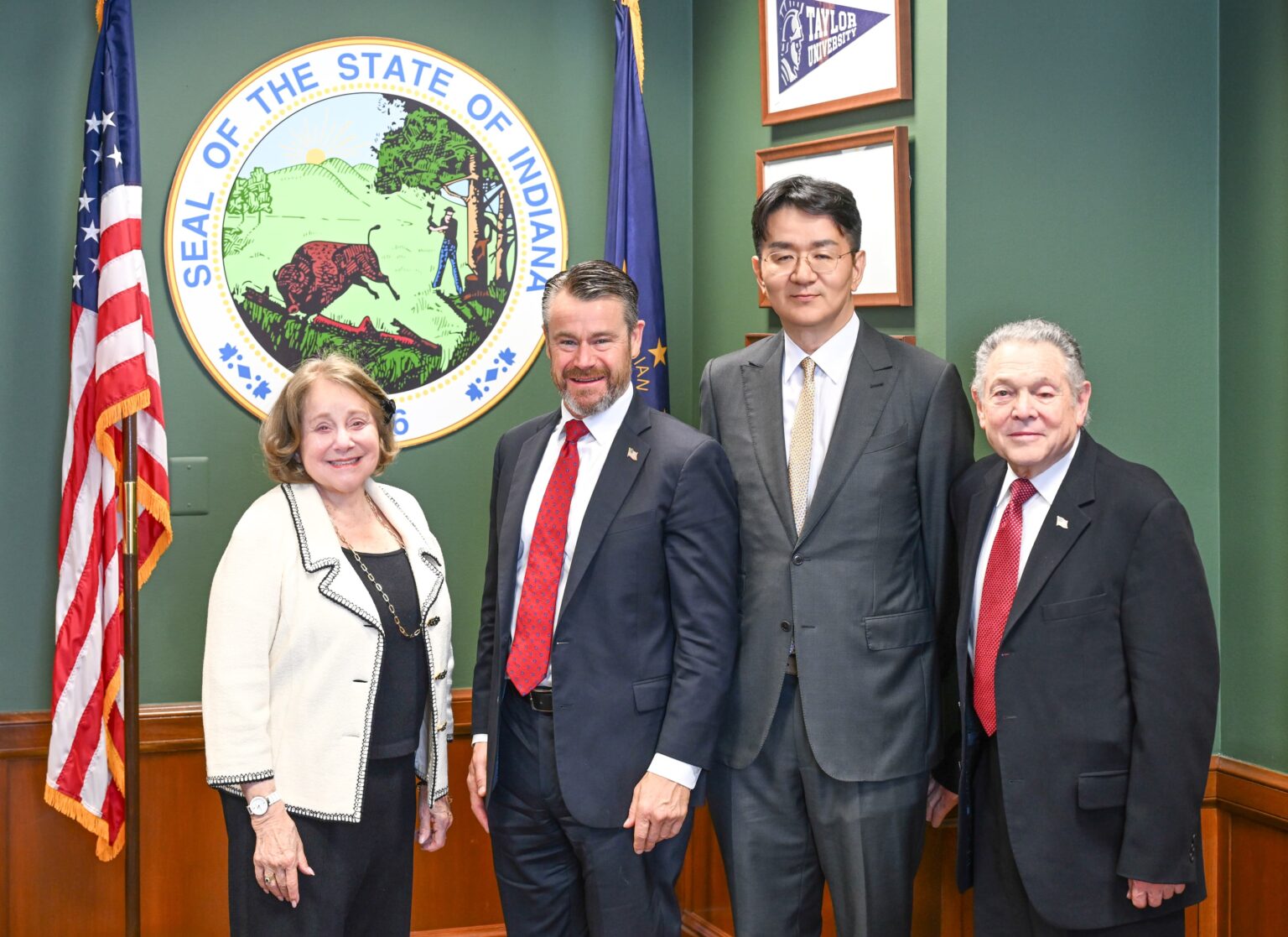 Joann DiGennaro, President of CEE; Todd Young, U.S. Senator and CEE Honorary Trustee; Walter Cho, Chairman and CEO of Korean Air and Hanjin Group; and Mel Chaskin, Chairman of the CEE Board of Trustees, pose for a commemorative photo at the signing ceremony.