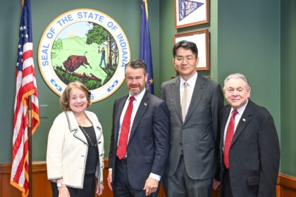 Joann DiGennaro, President of CEE; Todd Young, U.S. Senator and CEE Honorary Trustee; Walter Cho, Chairman and CEO of Korean Air and Hanjin Group; and Mel Chaskin, Chairman of the CEE Board of Trustees, pose for a commemorative photo at the signing ceremony.