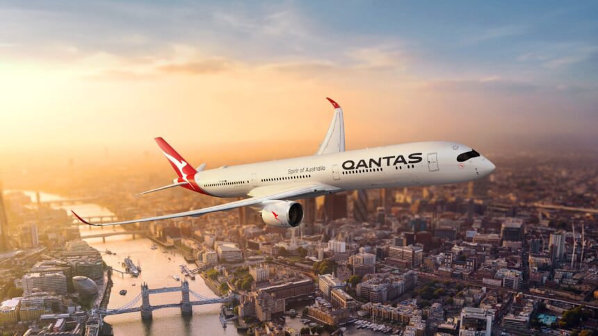 Qantas aircraft flying over London Thames and Tower Bridge amongst other main landmarks.