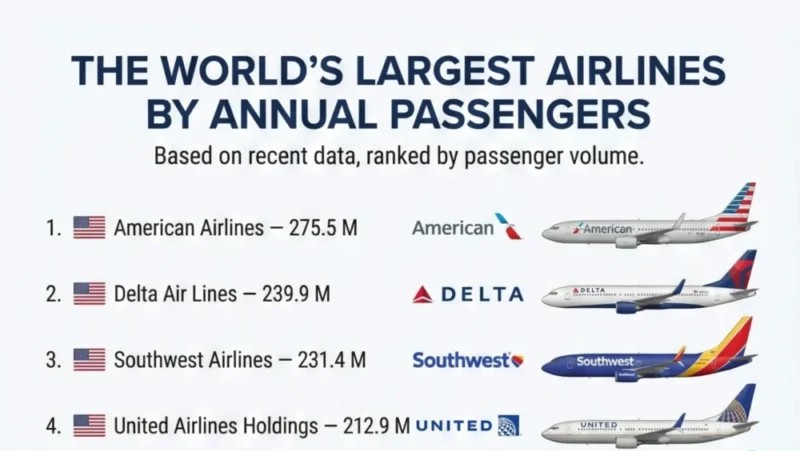 Image shows the top four world airlines ranked by annual passenger volume with figures, logos and examples of aircraft