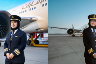 Image shows two female pilot captains in front of Emirates aircraft in daylight.