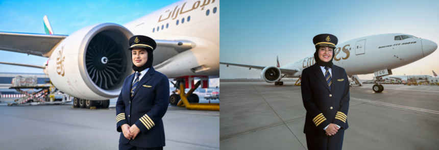 Image shows two female pilot captains in front of Emirates aircraft in daylight.