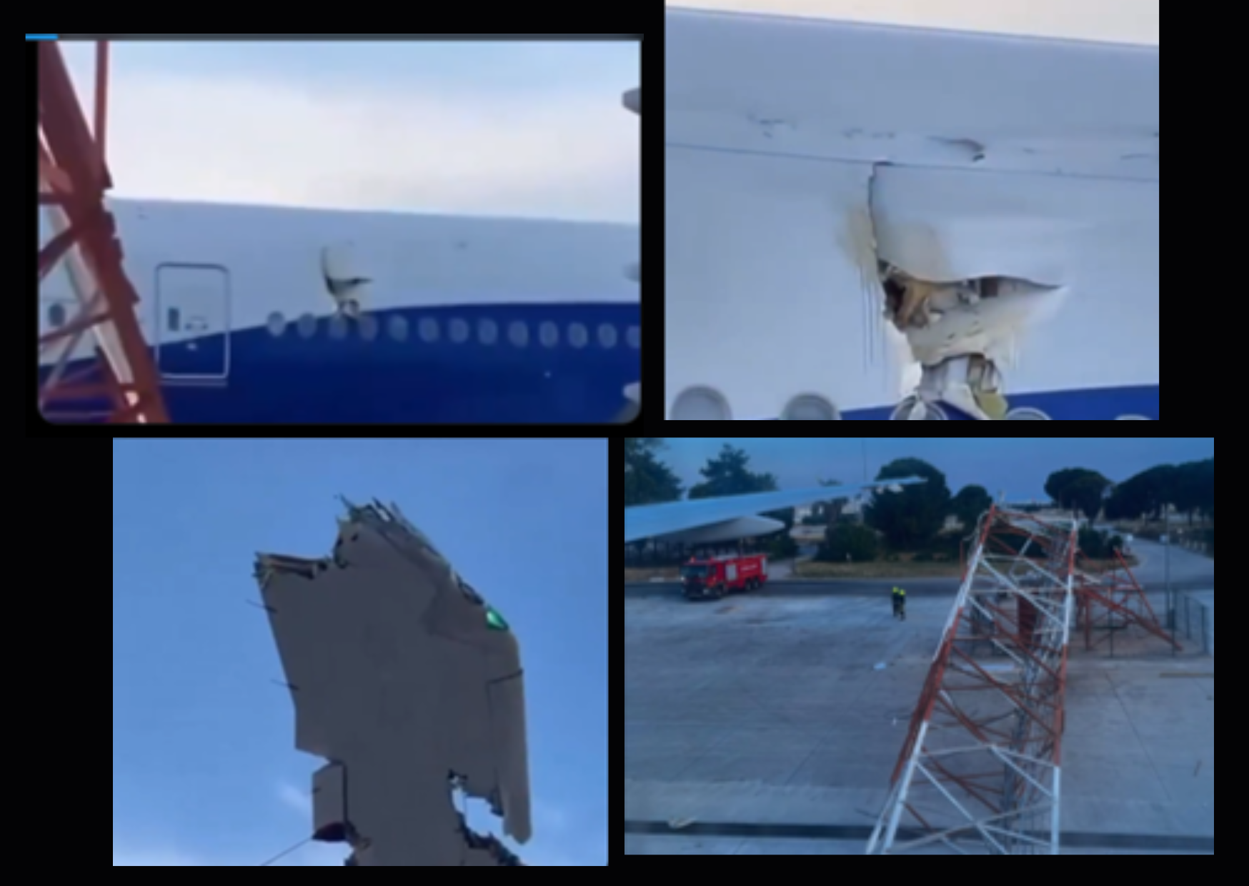 Four images taken early evening in Antalya, Turkey show damage caused to a Turkish Airlines plane. The first two images show a hole in the aircraft, third image is a damaged right wing and the fourth image shows damage to the radar mast it collided with