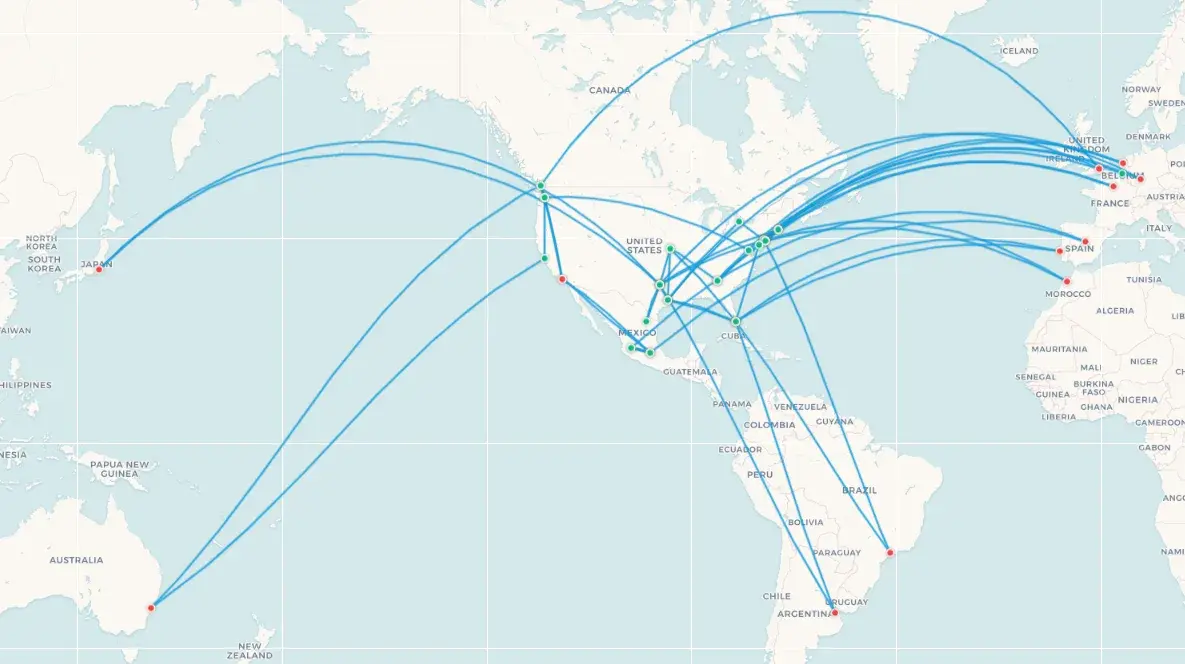 Image shows a map of flight routes for 13 prolific world cup teams in the 2026 FIFA World Cup.