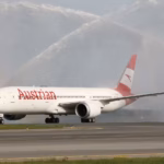 Austrian Airlines 787 receives a water salute upon arrival