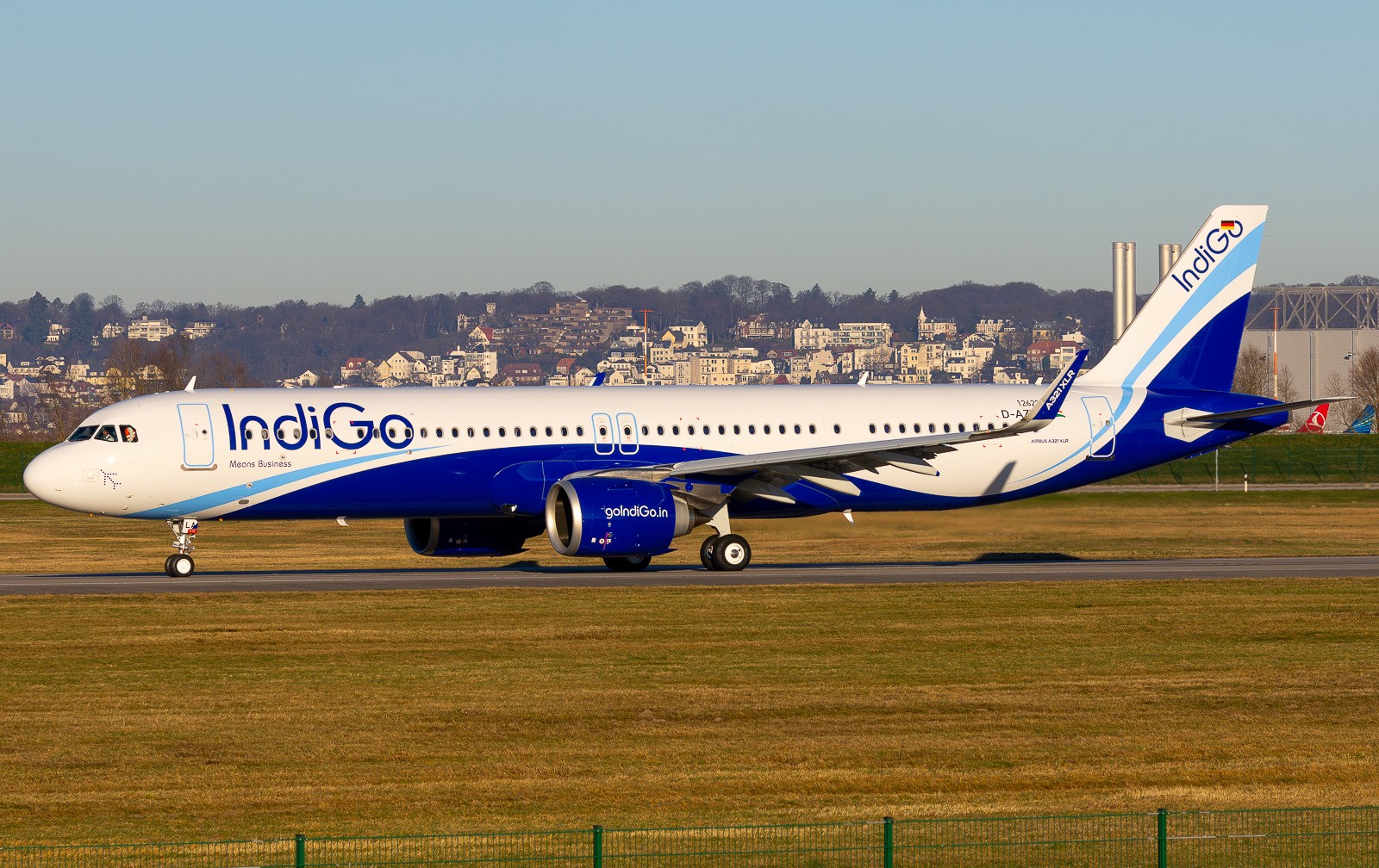 An IndiGo Airbus A321XLR (D-AZYF) on the runway, photographed in Europe ahead of delivery.