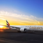 de view of the Emirates Boeing 777-300ERSF converted freighter displaying Emirates livery