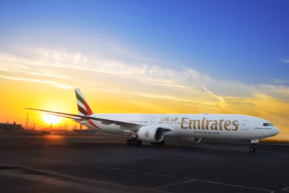 de view of the Emirates Boeing 777-300ERSF converted freighter displaying Emirates livery
