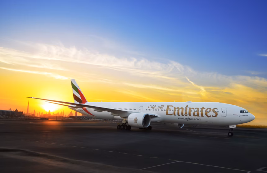 de view of the Emirates Boeing 777-300ERSF converted freighter displaying Emirates livery