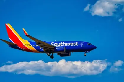 A Southwest Airlines Boeing 737 flying on blue sky