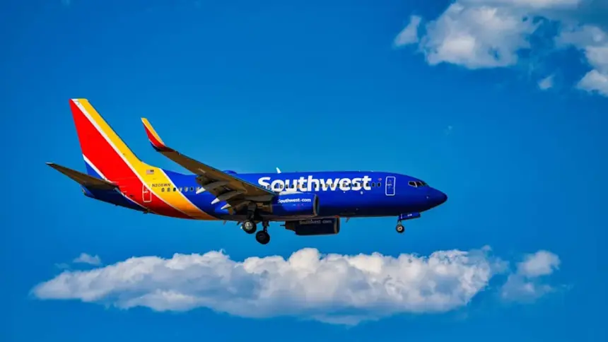 A Southwest Airlines Boeing 737 flying on blue sky