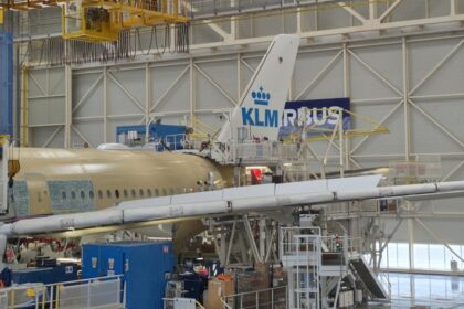 KLM plane being structured in a warehouse.