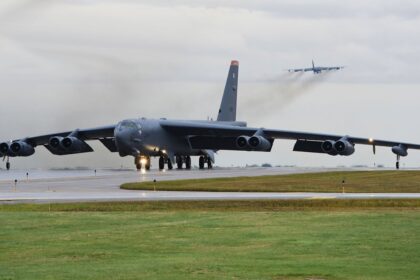 A Boeing B-52 Stratofortress on runway before take off