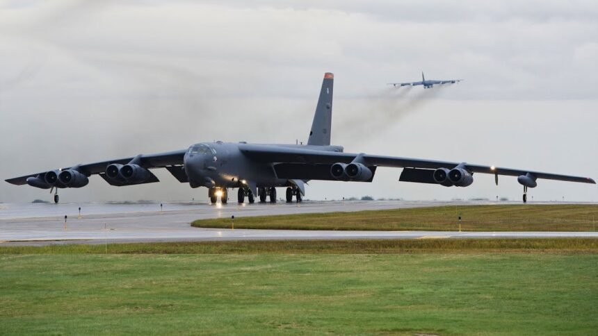 A Boeing B-52 Stratofortress on runway before take off