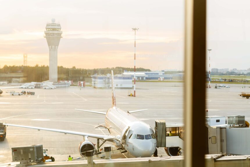 Airport tarmac with an aircraft parked at the gate with ATC tower in the background