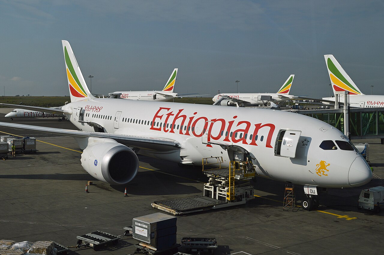 The photo depicts a Boeing 787-8 plane painted white with green, yellow and red accents on its tail. The side of the plane shows large lettering spelling out 'Ethiopian' in a fiery red. The sky appears a little murky with blue tones peeking through.