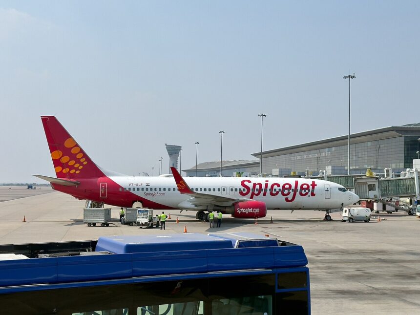A SpiceJet Boeing 737-8AS grounded on Tarmac with cargo staff handling luggage. An airport building and a clear blue sky in the background.