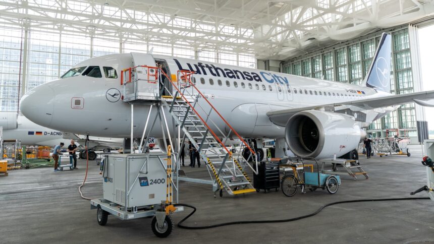 Lufthansa City airlines Airbus A319 in the hanger being worked on with stairs attached to the door