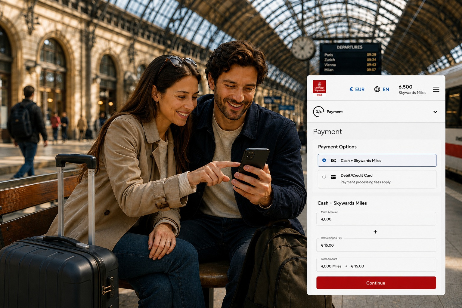 This image shows a couple sitting together on a bench at a European train station, looking at a smartphone displaying the Emirates Skywards Rail booking page for train travel using Cash + Skywards Miles.