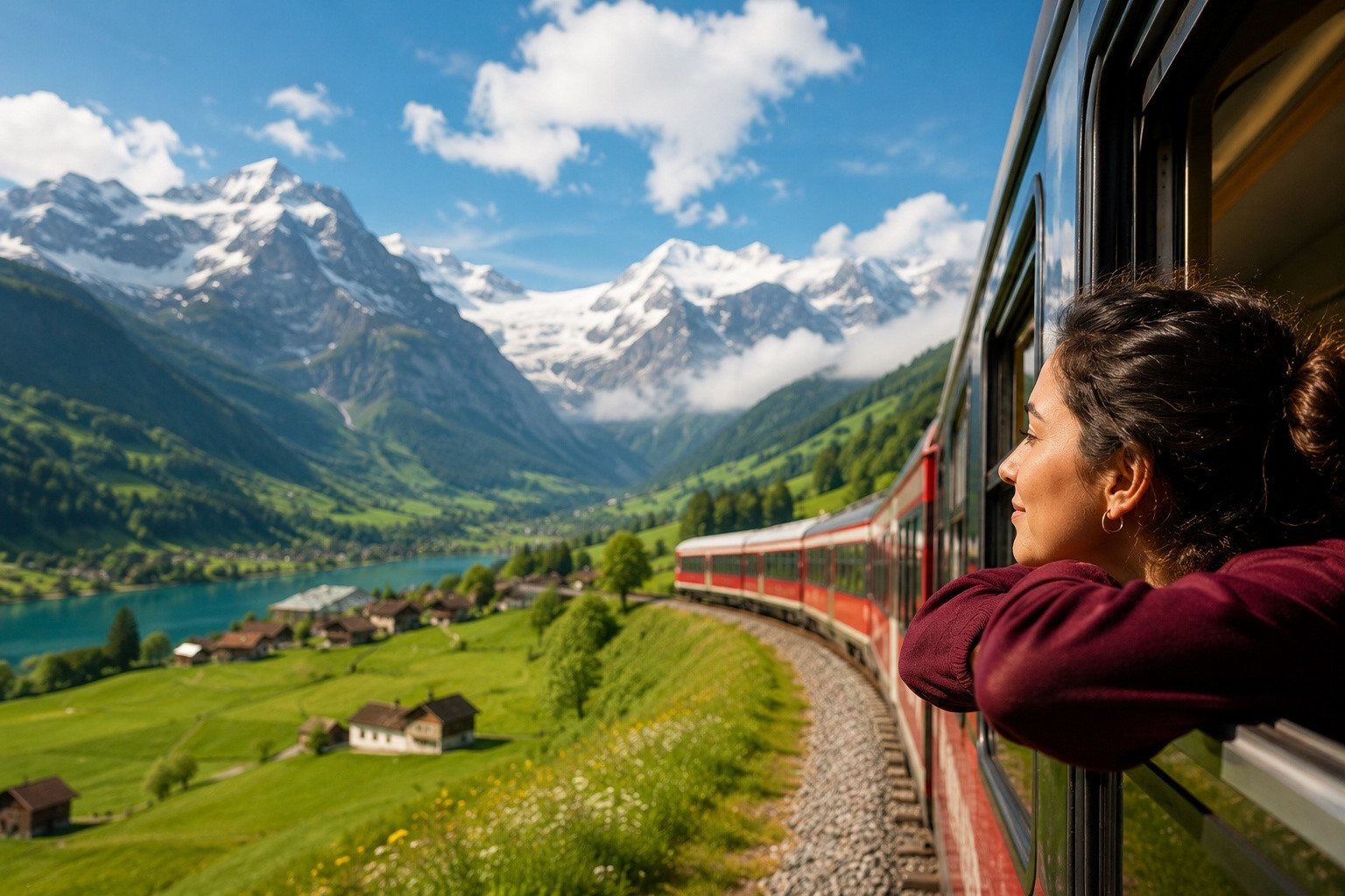 This image shows a passenger looking out from the window of a moving train as it travels through a scenic mountain landscape with green valleys, a blue lake and snow-capped peaks.