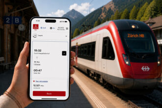 This image shows a hand holding a smartphone displaying the Emirates Skywards Rail booking page at a mountain train station, with a modern red-and-white train waiting on the platform in the background.